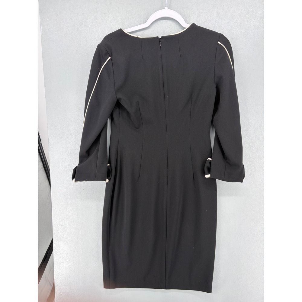 Calvin Klein Sheath Dress Womens 4 Black Ivory Piping Bow Cuff V-Neck Workwear - Picture 3 of 5